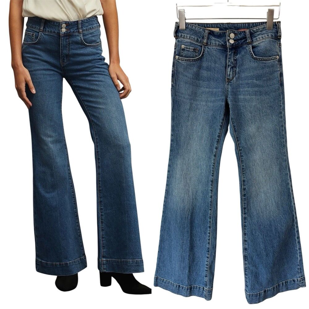 Pilcro Anthropologie Retro Mid Rise Flare Jeans Medium Wash Blue Denim Size 26